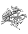 Heavy Duty Number 10 X 1 Inch Self Drilling Screws With Rainproof EPDM Washers For Metal Roofs And Fences Rust Resistant 410 Steel Hex Point Tek Fasteners in a pile.