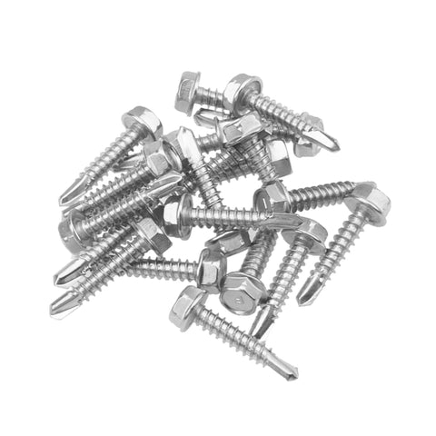 Heavy Duty Number 10 X 1 Inch Self Drilling Screws With Rainproof EPDM Washers For Metal Roofs And Fences Rust Resistant 410 Steel Hex Point Tek Fasteners in a pile.