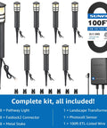 All In One LED Landscape Lighting Kit With Eight Low Voltage Path Lights, 60W Transformer, 100 Ft 16/2 Wire, 3000K Waterproof Aluminum Walkway Lights, Plug And Play Quick Connectors, Easy Install For Garden Yard And Walkways - Components Displayed