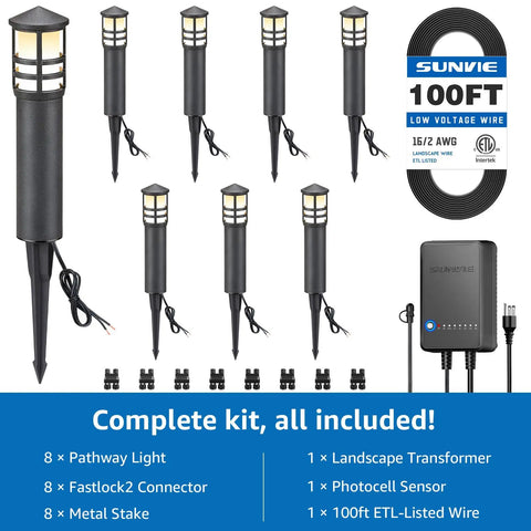 All In One LED Landscape Lighting Kit With Eight Low Voltage Path Lights, 60W Transformer, 100 Ft 16/2 Wire, 3000K Waterproof Aluminum Walkway Lights, Plug And Play Quick Connectors, Easy Install For Garden Yard And Walkways - Components Displayed