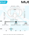 Size chart for Musa Frameless Dive Mask With Low Internal Volume And Wide Field Of View In Aqua Green, showing measurements and skirt sizes.
