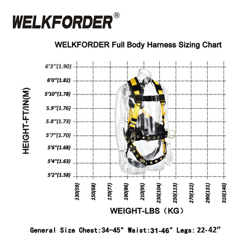 3D Rings Industrial Fall Protection Safety Harness With Waist Tongue Buckle And Leg Tongue Buckles on size chart display