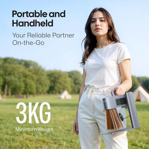 Woman holding a Dual Laser Engraver Machine, 10W Diode Plus 2W IR, portable for handheld use, minimal design, 3kg weight.