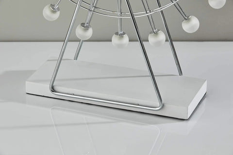 Base of the Coney Large LED Ferris Wheel Desk Lamp With Chrome Finish, Rotating Frosted Globe Accent Light, modern transitional lamp, bronze accents, 5.25 inch size.