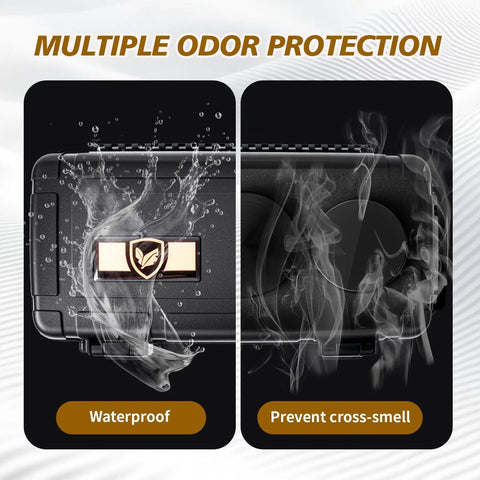 Odor Proof Stash Box With Grinder Tray, Waterproof Travel Storage Case for men and women, showing waterproof and smoke-proof features