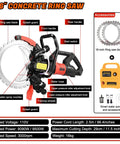 Heavy-Duty 16 Inch Electric Concrete Ring Saw With 9500W Toroidal Motor features labeled parts and accessories for cutting brick and stone.