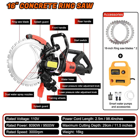 Heavy-Duty 16 Inch Electric Concrete Ring Saw With 9500W Toroidal Motor features labeled parts and accessories for cutting brick and stone.