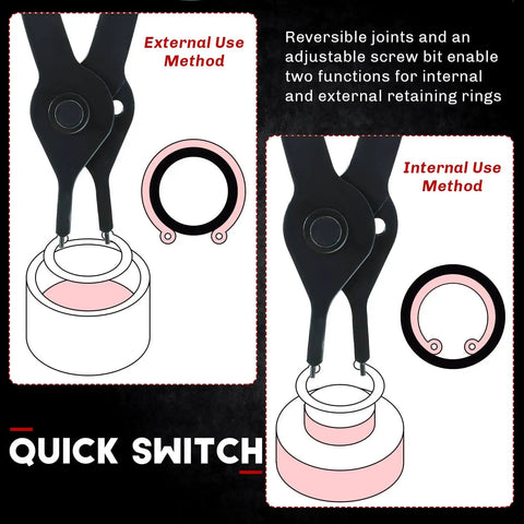 11 Piece Snap Ring Pliers Set Tough As Nails Heavy Duty Straight And Bent Retaining Ring Pliers With Hook And Pick Internal And External Circlip Removal Tools For Cars Trucks Motorcycles Lawn Mower And Farm Equipment Built With Heat Treated 45 Steel showing reversible joints for internal and external retaining rings.