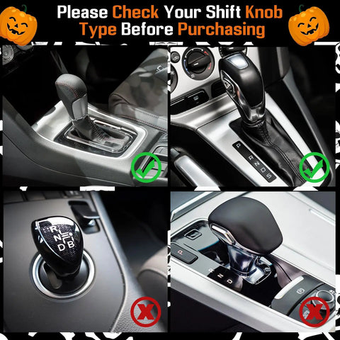 Grid showing compatible and incompatible gear shift types for Skeleton Gear Shift Hoodie For Cars Universal Fit Halloween Decor Gear Shift Cover Keeps Your Console Cozy And Protected From Scratches And Dust Plus A Hilarious Skull Interior Accessory Gift.