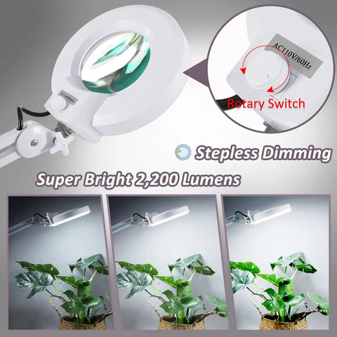 Super Bright 2,200 Lumens LED Magnifying Glass with light, stand, rotary switch, stepless dimming, magnified plant view