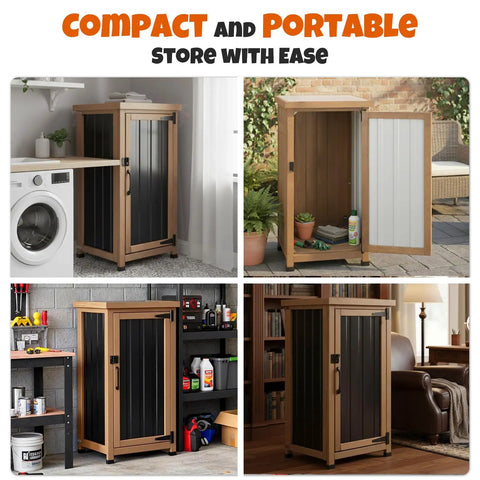 Slim Outdoor Storage Cabinet With Weatherproof Roof Wood And Metal Construction in various settings, black color