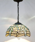 Sea Blue Stained Glass Dragonfly Tiffany Pendant Light Fixture With 12 Inch Shade And 24 Inch Chain, 32 Inch Cord, Antique Green Bronze Finish