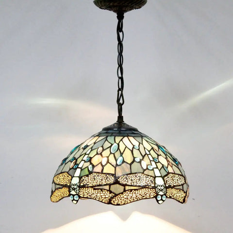 Sea Blue Stained Glass Dragonfly Tiffany Pendant Light Fixture With 12 Inch Shade And 24 Inch Chain, 32 Inch Cord, Antique Green Bronze Finish
