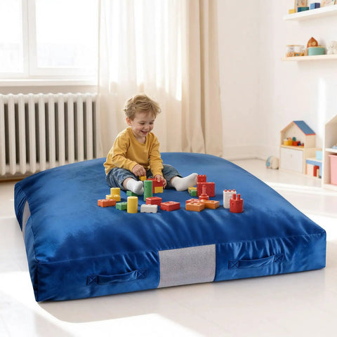 Big 5x5 Ft Sensory Crash Pad For Kids With Foam Blocks And Washable Cover Giant Soft Foam Landing Mat For Jumping Climbing Relaxing And Play In The Sensory Room Durable Cushioned Safety Pad For Home Gym, child playing