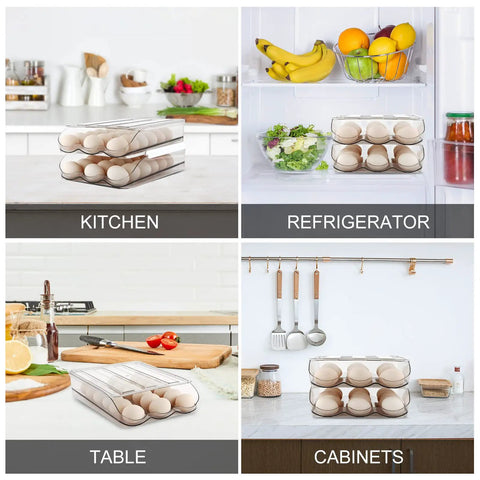 Auto Rolling Egg Holder For Fridge With Lid Large Capacity Clear Plastic Egg Dispenser Tray And Bin in kitchen and fridge