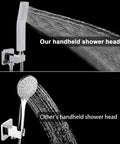 Comparison of handheld shower head kit with high pressure flow wall connector and hose 304 stainless steel chrome finish.