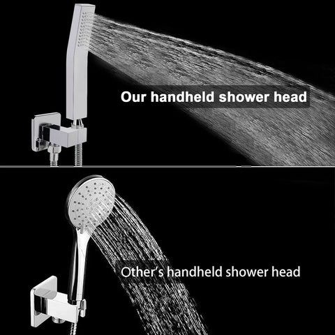 Comparison of handheld shower head kit with high pressure flow wall connector and hose 304 stainless steel chrome finish.