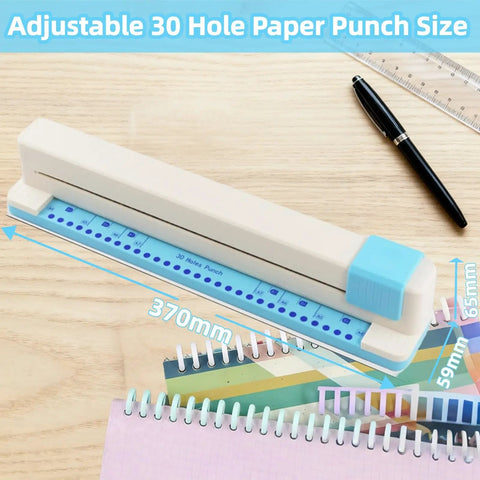 30 Hole Paper Punch For Discbound Notebooks And Journals With Loose Leaf Compatibility Adjustable Spiral Hole Puncher in white and blue
