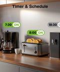 Kitchen appliances on a counter showing timer and schedule feature, compatible with Smart Power Strip With 3 Individually Controlled Outlets And 3 USB Ports