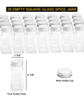 28 square glass spice jars with metal airtight caps, part of No Sweat Pantry Setup Four Tier Spice Rack Organizer.