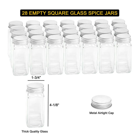 28 square glass spice jars with metal airtight caps, part of No Sweat Pantry Setup Four Tier Spice Rack Organizer.