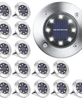 Outdoor Solar Ground Lights 16 Pack No Fuss 8 LED Per Light, Waterproof Disk Pathway Lights, round solar panel view