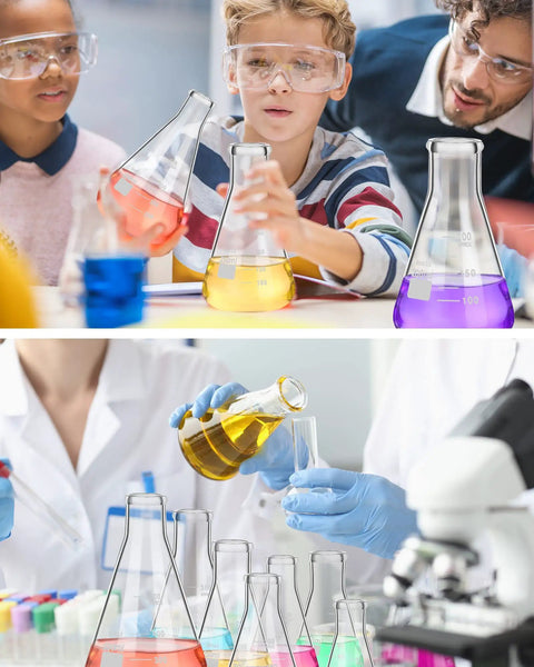 Nine Piece Glass Erlenmeyer Flask Set With Stirring Rods, 7 Sizes From 50ml To 500ml, used in classroom science experiments.