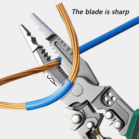 Premium Rigid Solid Steel Wire Stripper Tool With Built In Voltage Tester, 8.7" cutting wires with sharp blade.
