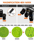 Epic Biological Microscope for Home Learning with Slides Set and Phone Adapter, magnification lenses and eyepieces.