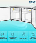 Heavy Duty Commercial Undercounter Freezer 60 Inch 14.1 Cu Ft Stainless Steel Led Lights Dual Doors ETL Certified open with shelves.