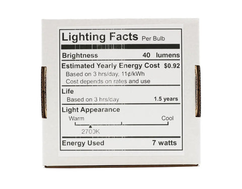 Lighting facts label for 7 Watt 130V C7 Night Light Bulbs 40 Lumens Long Lasting Incandescent Replacement With E12 Candelabra Base Clear Finish