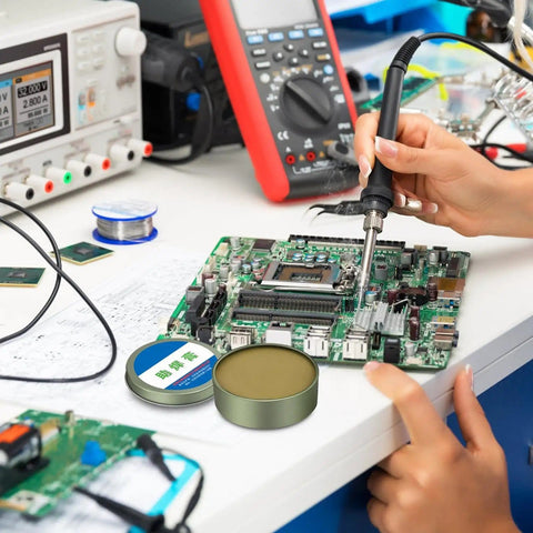 Technician soldering motherboard using Pro Grade No Clean Solder Flux Paste for Electronics and PCBs, Fast Flow Control and Wetting.