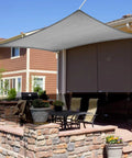 Rectangular 6x8 Grey Sun Shade Sail Outdoor Canopy for Patio Garden Backyard Pergola Durable HDPE Shade Cloth with Cross Weave Ready to Hoist at All Four Corners Easy Install Custom Size over patio area.