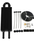 Universal 2 Pass Tube And Fin Transmission Cooler Kit 5/16 Inch Aluminum Black with accessories and mounting hardware