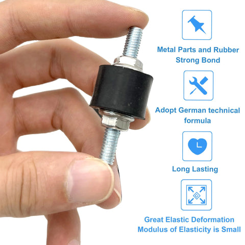 Hand holding a Four Pack M6 20x15mm Rubber Isolator Mount With Double Studs, anti vibration mounts for compressors, pumps.
