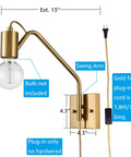 Plug In Wall Sconces Set Of Two Farmhouse Swing Arm Gold Wall Lights With On Off Switch Brushed Gold Finish, bulb not included.