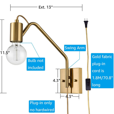 Plug In Wall Sconces Set Of Two Farmhouse Swing Arm Gold Wall Lights With On Off Switch Brushed Gold Finish, bulb not included.