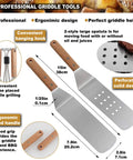 Eight Piece Griddle Tools Set Pro Grade Heavy Duty Stainless Steel Spatula Kit For Grill Griddle Hibachi Flat Top Outdoor Cooking With Scraper Brush Chopper And Bottles Ideal Gift For Grill Lovers Birthday Or Wedding, featuring two stainless steel spatulas with ergonomic wooden handles, solid and perforated design, convenient hanging hook.