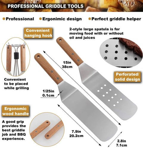 Eight Piece Griddle Tools Set Pro Grade Heavy Duty Stainless Steel Spatula Kit For Grill Griddle Hibachi Flat Top Outdoor Cooking With Scraper Brush Chopper And Bottles Ideal Gift For Grill Lovers Birthday Or Wedding, featuring two stainless steel spatulas with ergonomic wooden handles, solid and perforated design, convenient hanging hook.