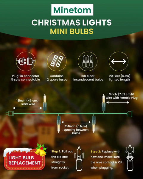 Diagram showing Clear Christmas String Lights 100 Count On Green Wire 20 Feet Incandescent Mini Bulbs specifications and setup