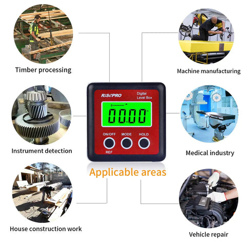 Digital Level Box Protractor Inclinometer with Magnetic Base and Bright LCD Backlight displayed with applicable work areas.