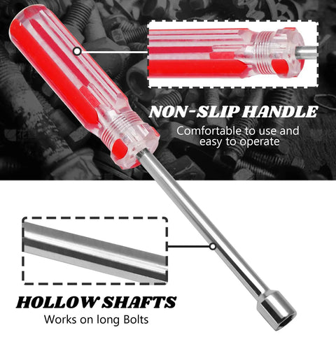 Closeup of a 5/16 Inch Hex Nut Driver with 3.7 Inch Hollow Shaft and Cushion Grip Handle for Easy, Torquey Fastening Heavy Duty Socket Wrench Screwdriver Built From Heat-Treated Carbon Steel For Long Lasting Durability.