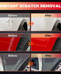 Before and after images of car panel scratches repaired with Buick Summit White Touch Up Paint Pen GAZ WA8624 2 In 1 Auto Scratch Repair.