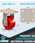 Rock Solid 4X2 Inch Stainless Steel Casters Featuring Hella Tough Red Polyurethane Wheels with a 3/8 inch bolt size and mounting plate.