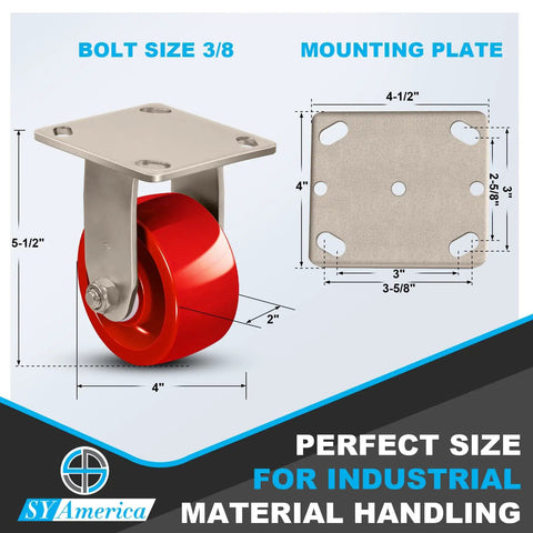 Rock Solid 4X2 Inch Stainless Steel Casters Featuring Hella Tough Red Polyurethane Wheels with a 3/8 inch bolt size and mounting plate.