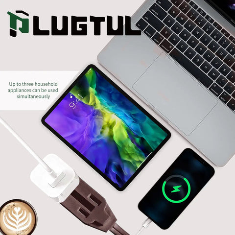 Brown Three Outlet Indoor Extension Cord With 6, 9, And 12 Foot Lengths, 16 Gauge Copper Wire in use with laptop and tablet