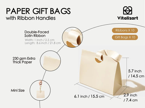 Mini Gift Bags With Ribbon Handles Set Of 10 Assorted Colors For Party Favors And Gift Wrapping displayed with dimensions and material details.