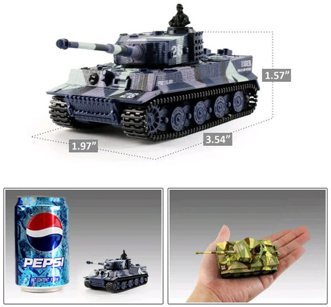 German Tiger I Panzer RC Tank 1 72 Scale With Rotating Turret next to soda can for size comparison