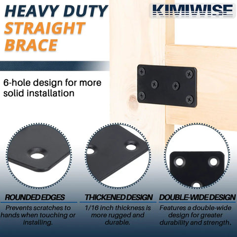 Heavy Duty Mending Plates Pack Of Four Black Steel Straight Brace Brackets For Furniture And Shelves Tough As Nails Joining Hardware With Complete Screw Kit Built To Last, showing a six-hole design.