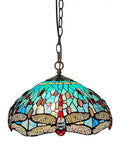 ARTZONE Antique Tiffany Pendant Light Fixture Stained Glass Hanging Lamp with vibrant dragonfly design, 16" wide and 24" high.
